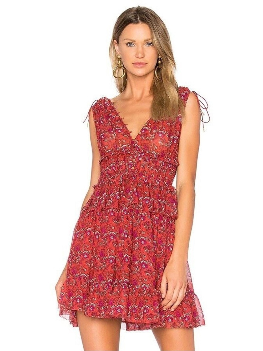 Ulla Johnson Red Floral V-Neck Tiered Mini Dress